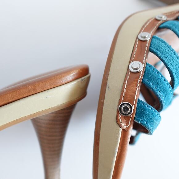 Clarks Y2K Clio Teal Blue Suede Slip-on Tan Leather Wooden High Heels - Picture 10 of 13